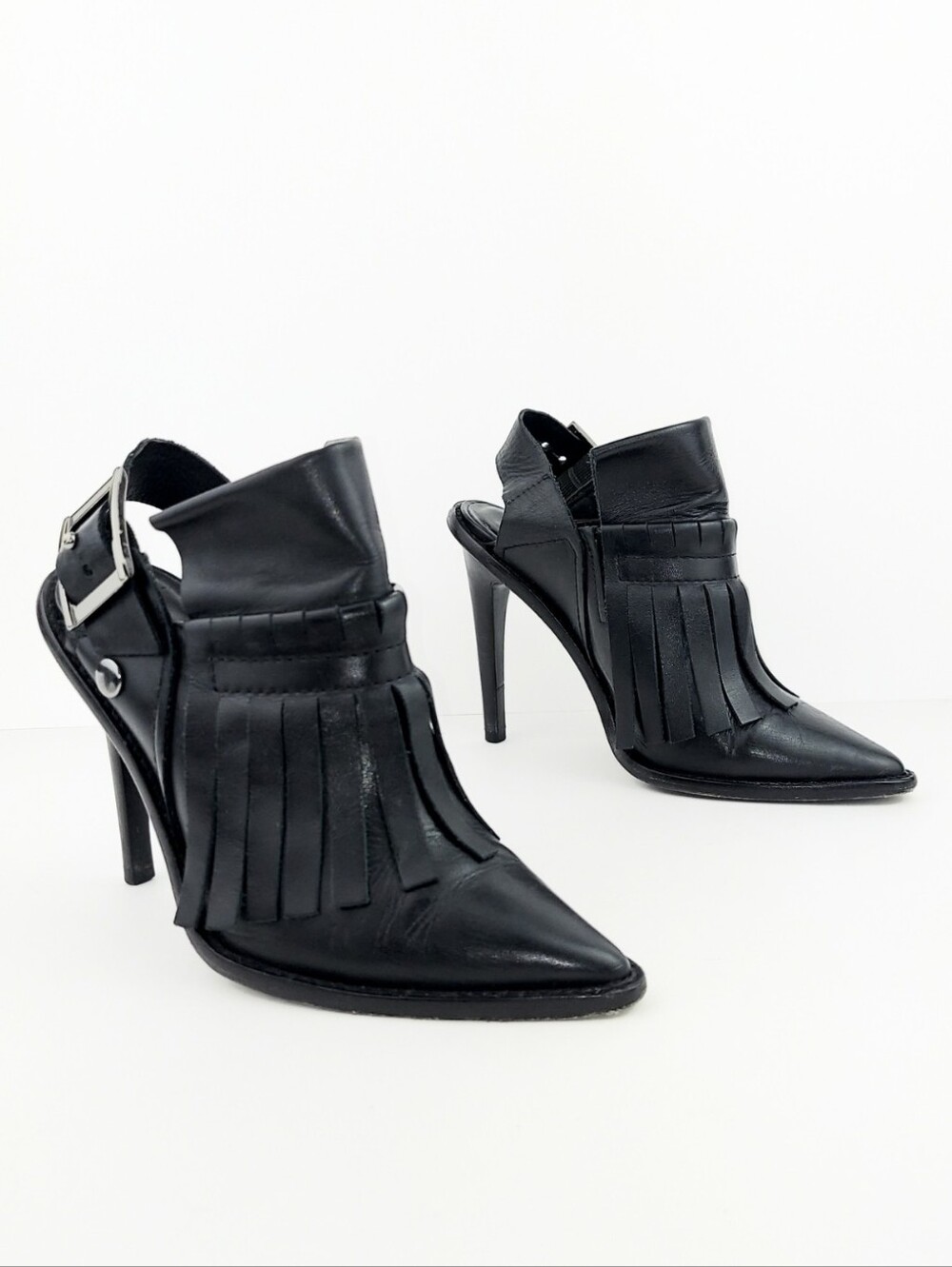 Tibi Slingback Fringed Black Leather Stiletto Booties 6